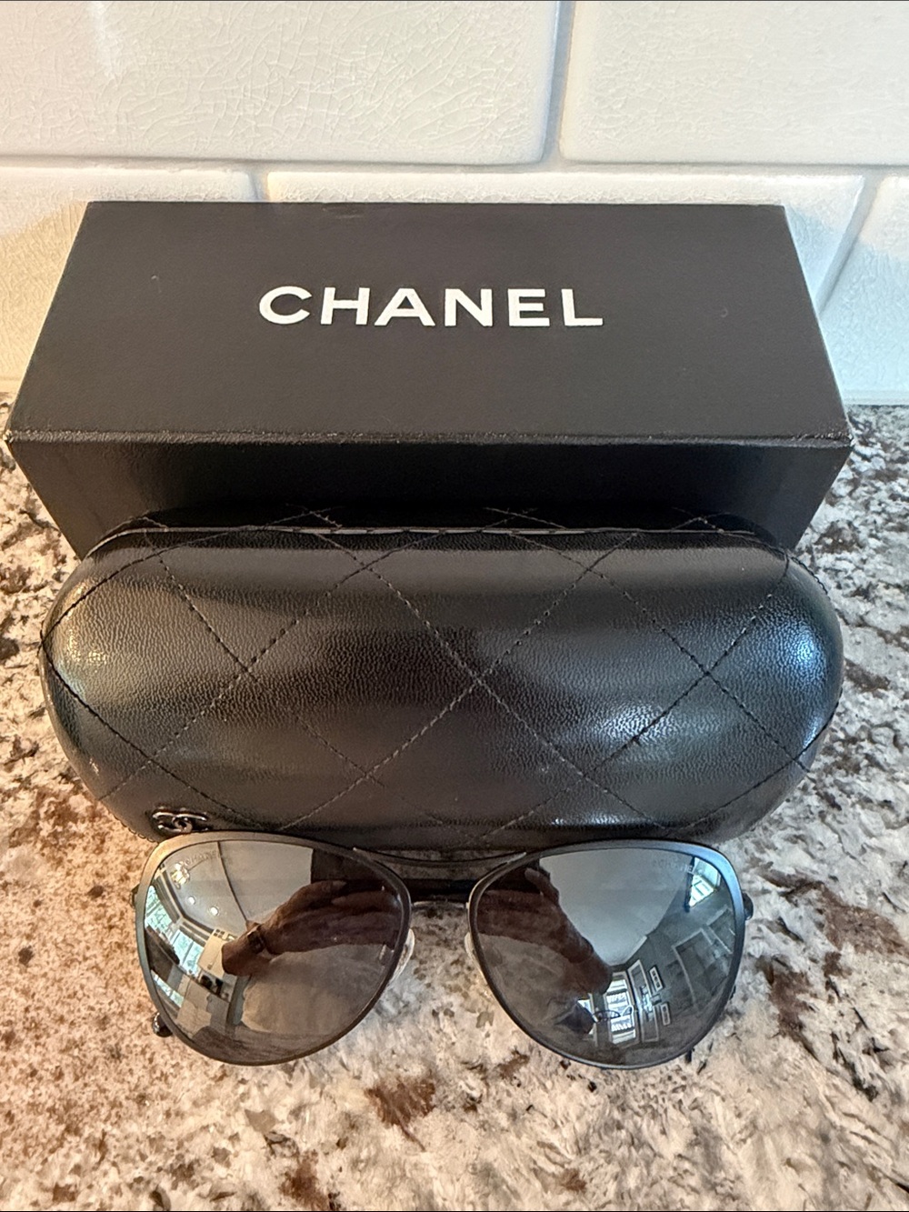 CHANEL Black Women’s  Aviator Sunglasses with Quilted Case